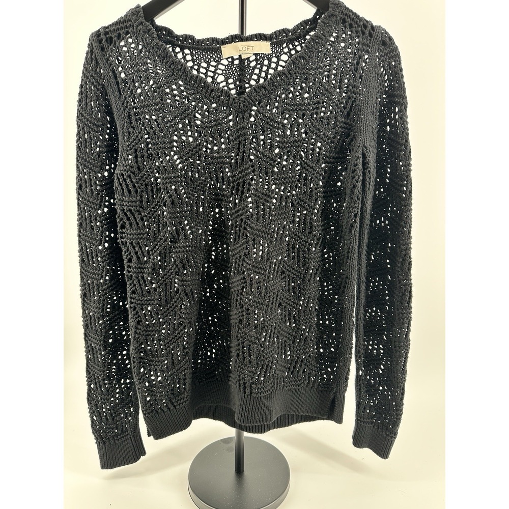 LOFT Cozy Black Open Knit Crochet Sweater Womens Size Small Long Sleeve Mesh Top
